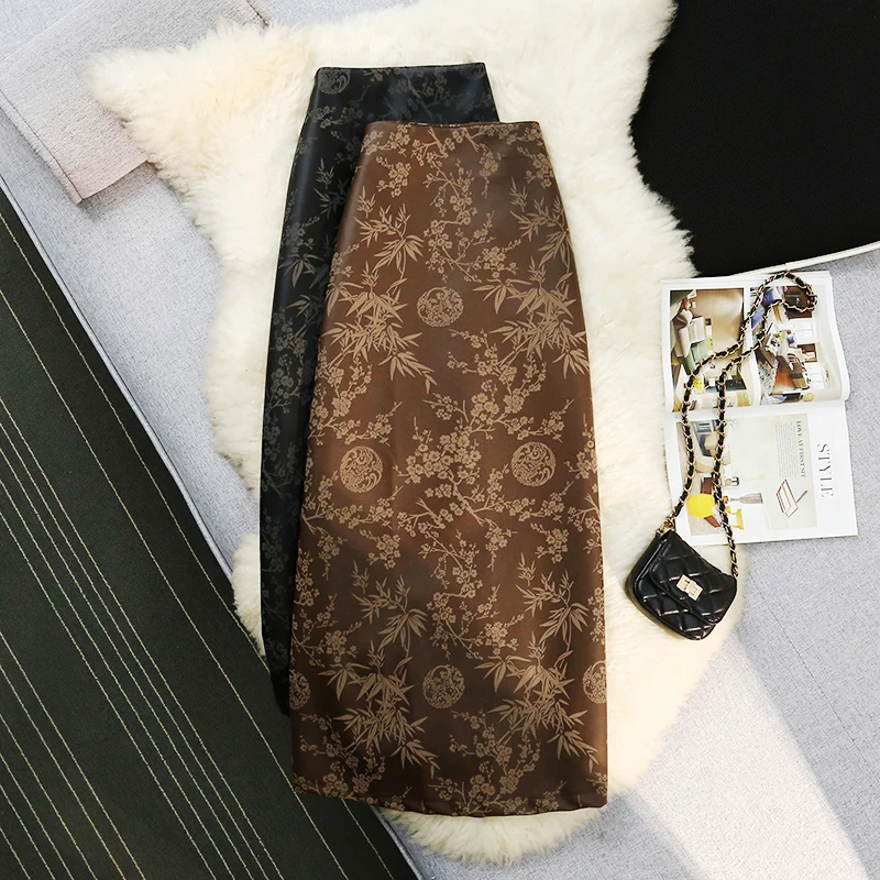 

Chinese Style Heavy Industry Jacquard PU Leather Skirt for Women High Waist Skinny Split Skirt Medium Length A-line Skirt Woman