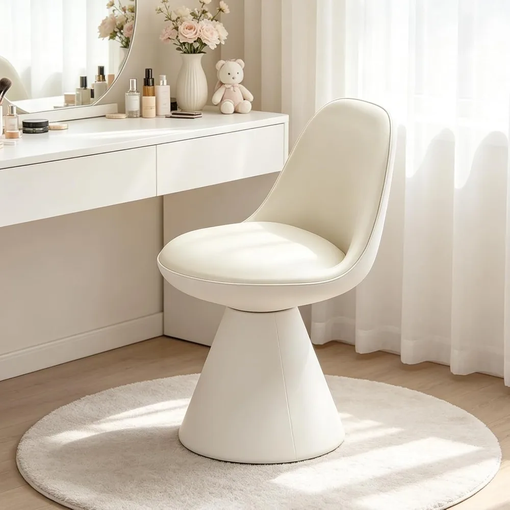 Upholstered Vanity Stool Chair, Comfy PU Leather Ottoman Stool with Backrest, 360°Swivel Accent Chair for Living Room, Ma
