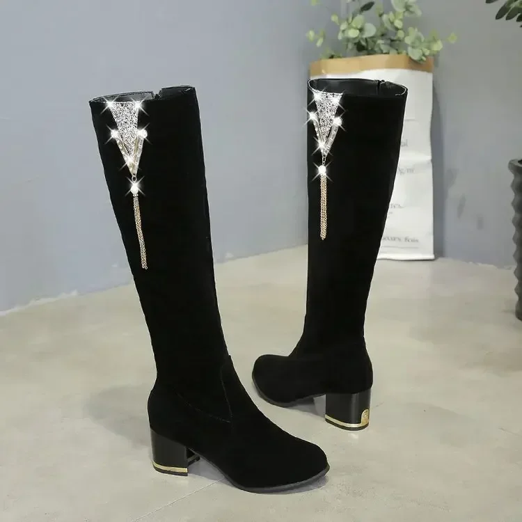 Kobiety Rhinestone Długie buty Zamek błyskawiczny Grube wysokie obcasy Frędzle Jesień Zima Ciepłe buty do kolan Botas De Mujer2024