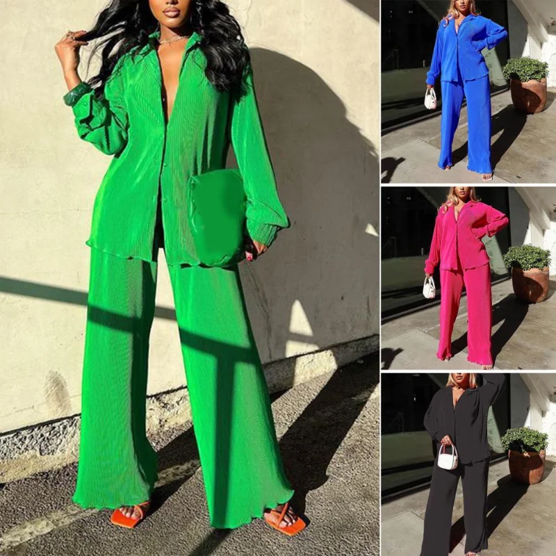 

2023 Fashion Women's Set Long Sleeve Shirt Tops And Wide Leg Pants Elegant Tracksuit Two Piece Set Sweatsuit Casual Outfits