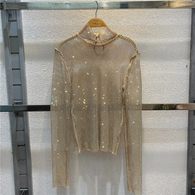 Haut en cristal de diamant transparent avec superposition intérieure de diamant brillant, chemise de fond brillante, sexy, creux, Bunduextrêmes, fête, Buling