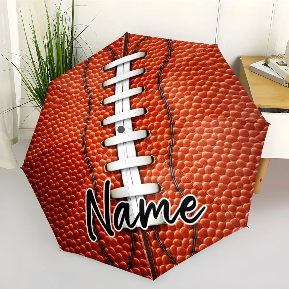 Custom Name Basketball-Themed Decorative Umbrella Print 8 Iron Ribs Folding Umbrella, Auto-Open Fashion Sunshade