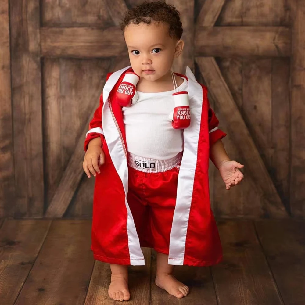 Custom Name Baby Boxing Outfit Newborn Photography Props Infant Photoshoot Costume Studio Clothes Boxer Robe Shorts Set