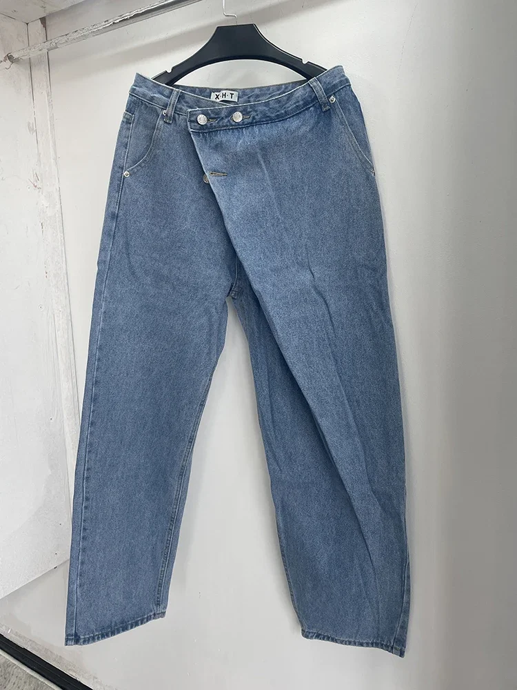 Irregular Button Jeans Straight Wide Leg Pantalones Mujer High Waist Denim Pants Spring Womens Clothing Korean Chic Trousers