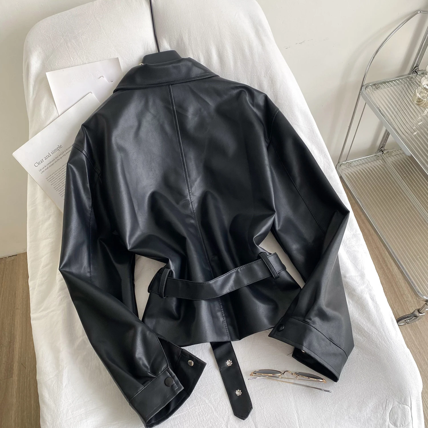 Outono inverno jaqueta de couro feminina moda único breasted turn down collar casacos finos textura macio plutônio versátil outerwear