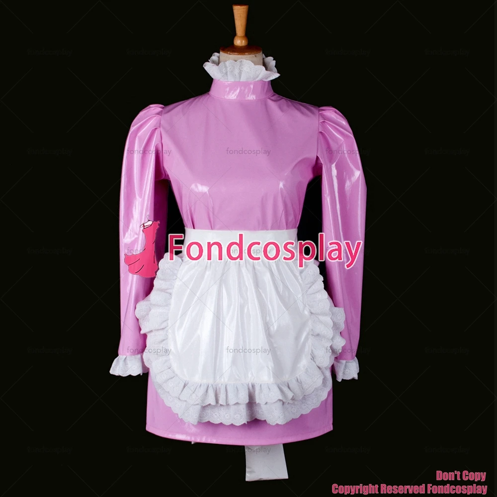 

fondcosplay adult sexy cross dressing sissy maid short Lockable French Uniform Pink thin Pvc Dress white apron Custom-made[G773]