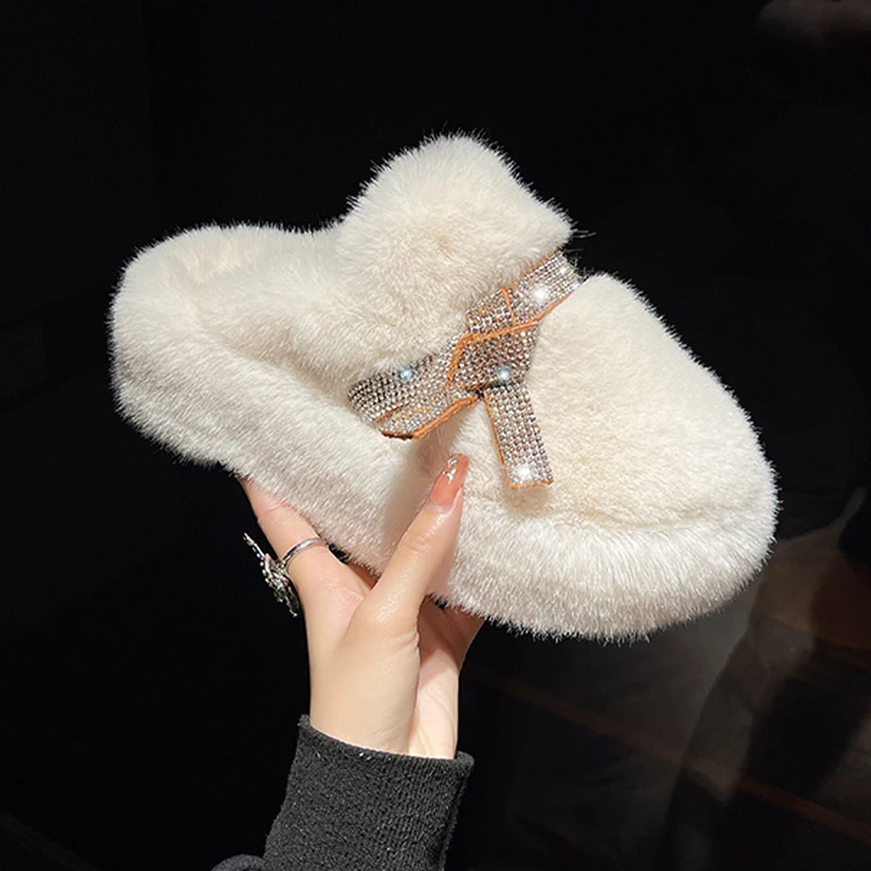 Slides Women Crystal Platform Flats Shoes Slippers Fur Warm Slingbacks Boots 2022 New Winter Causal Shoes Flip Flops Mujer Shoes