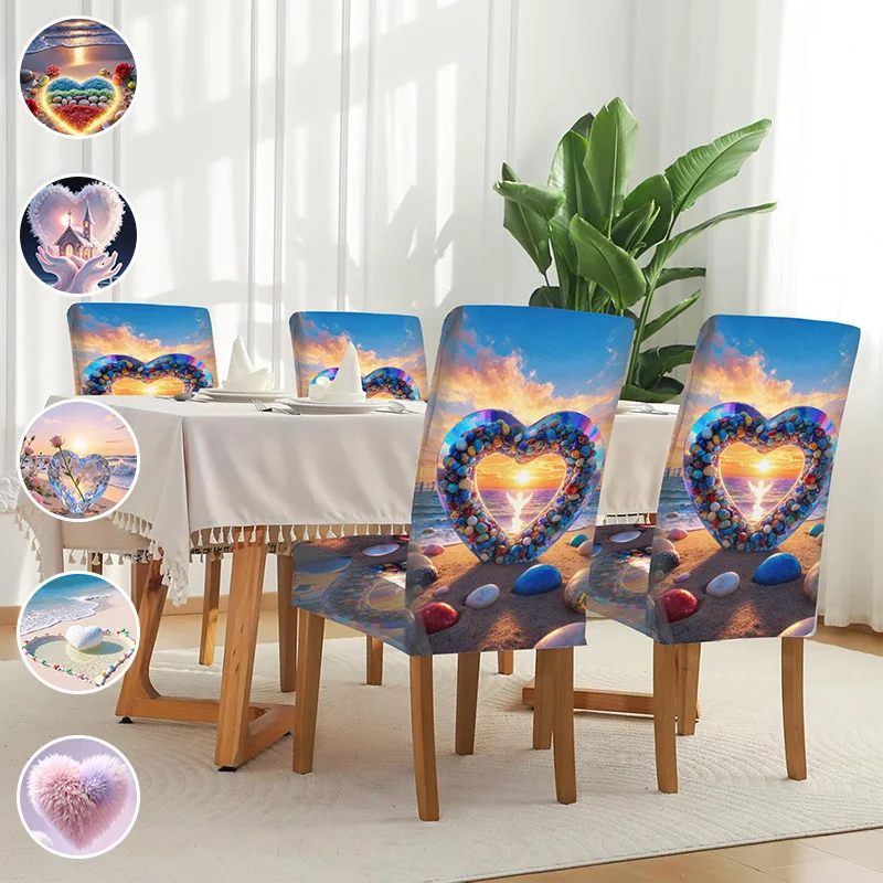 Elastic printed dining chair cover, removable and washable anti-grab dining chair cover, love beach sunset pattern