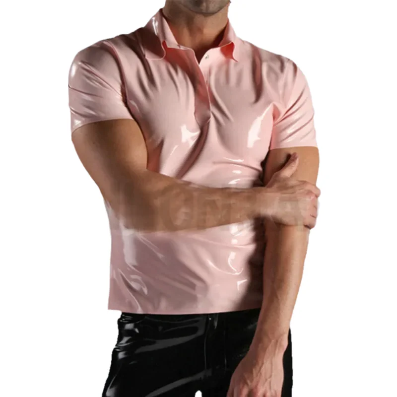 

Latex Clothing Uniform Factory Men Pink Latex Handmade Customize Size T-shirt Tops Blouse POLO shirts Zentai Cekc Fetish XS-XXL
