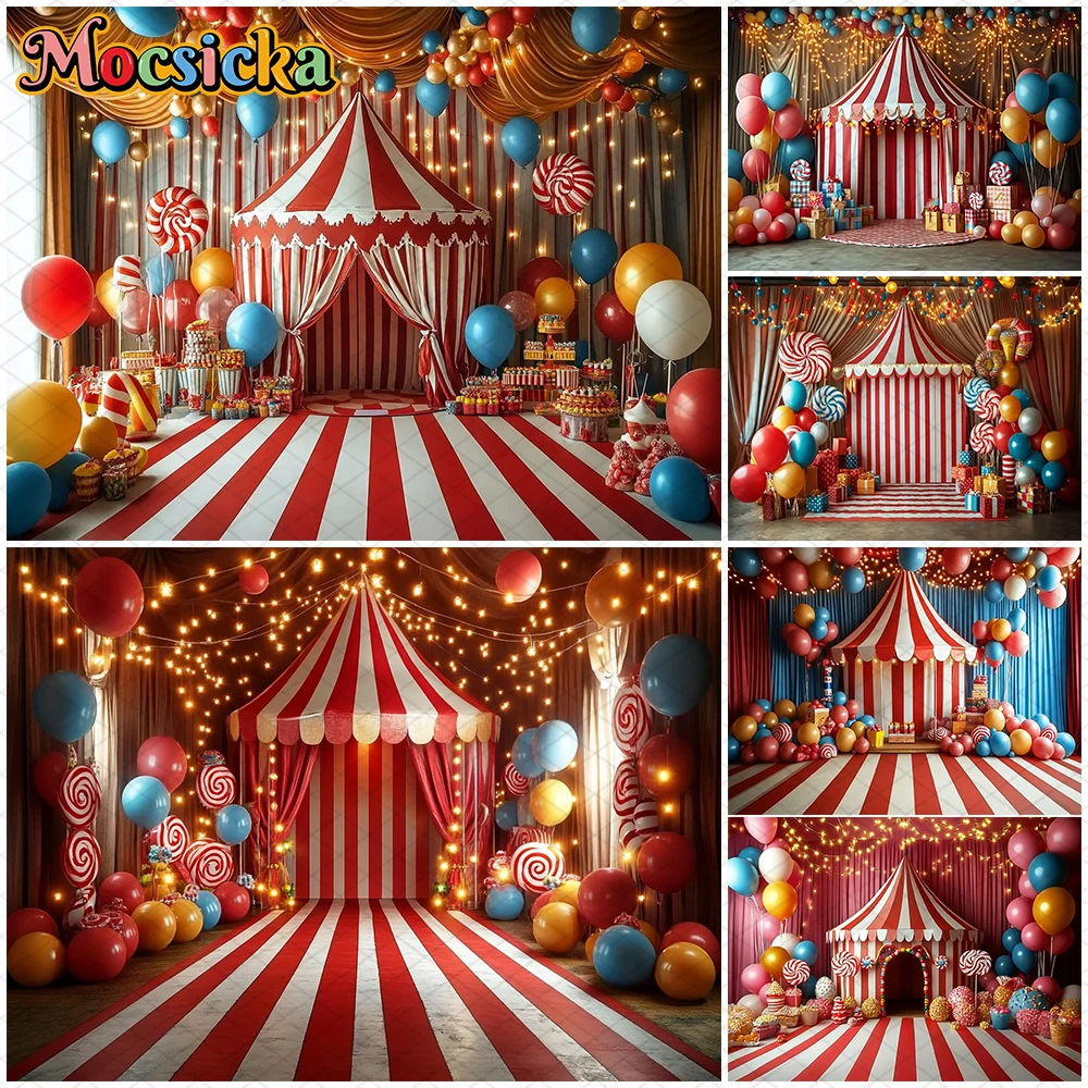 Mocsicka Circus Photo Backdrops Birthday Party Red Striped Tent Balloons Candy Picture Decorations Photography Background Banner