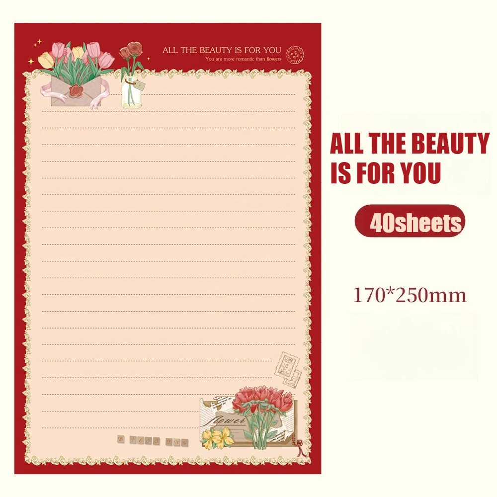 

40sheets A5 Ins Wind Romantic Letter Paper Set Vintage Red Letter Paper Retro Floral Lined Stationery for Self-Care Journaling