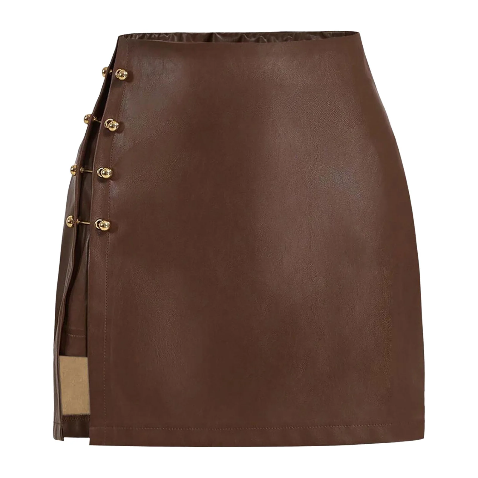 

Womens Stylish Faux Leather Bodycon Skirt Side Slit with Chic Metal Studs Solid Color Pencil Miniskirt for Office Work Nightclub