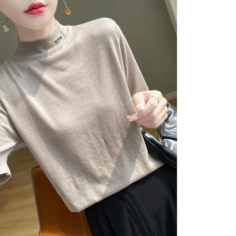 Worn Wool T-Shirt For Women's Summer Thin Loose Short Sleeved Knitted Sweater With Half High Collar Embroidered Inner Layer As A