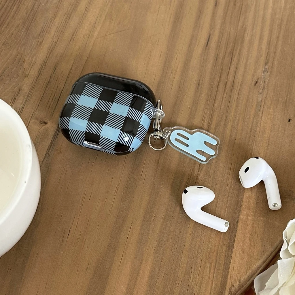 Retro Blue Black Grid Pattern Color Collision With Cute Little Chair Pendant Earphone Case Cover for AirPods 1 or 2 3 4  Pro 2