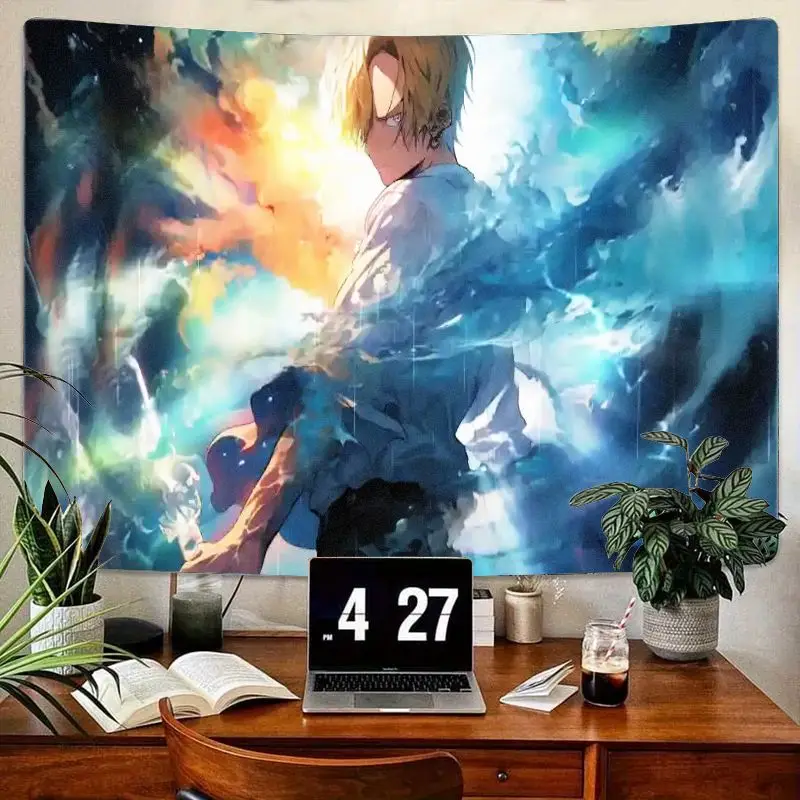 1PC Anime Blonde Charakter Tapisserie Lebendige Abstrakte Blau Gelb Orange Hintergrund Wand Kunst für Schlafzimmer Wohnzimmer Wohnkultur
