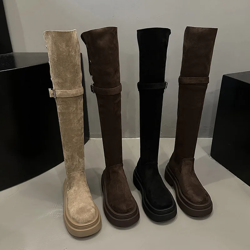 Botas por encima de la rodilla, Botas Largas para mujer, botas de invierno de tubo alto, tubo largo, suela gruesa, tacón grueso elástico, botas tipo calcetín holgado