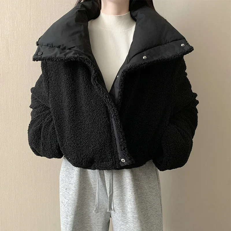 

Women's Short Coat New Flip Collar Lamb Fur Cotton Loose Double-Sided Wear Long Sleeve Bread Style Outerwear Winter Jacket