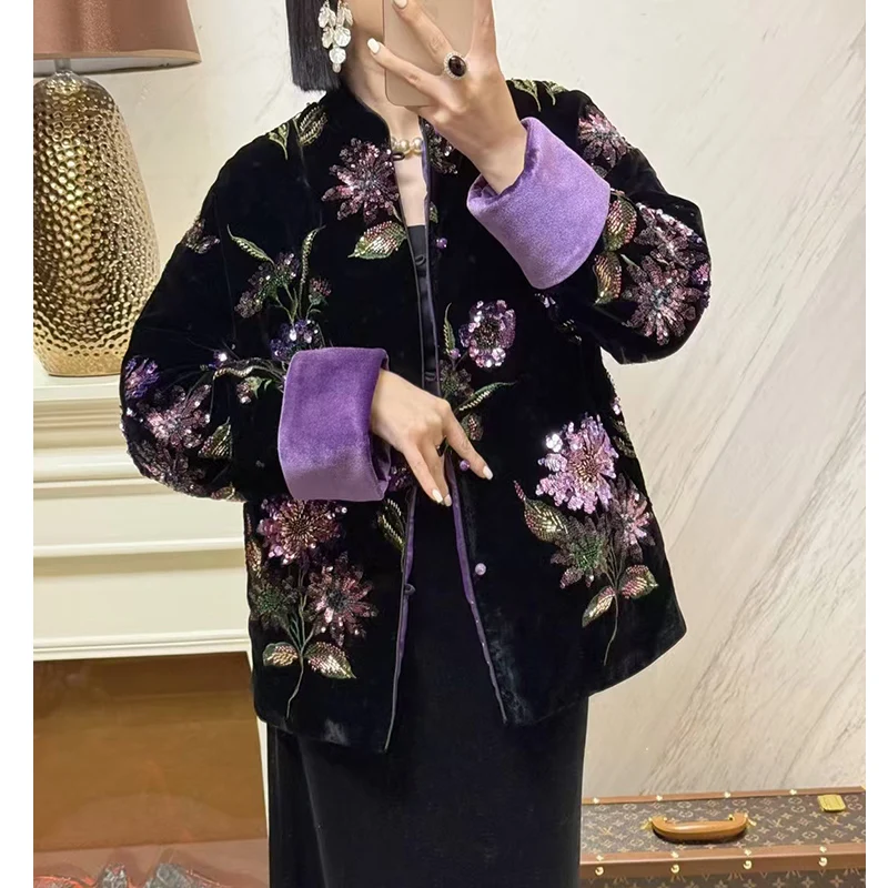 Winter High-End Stand Collar Velvet Beading +Embroidery Single Breasted Contrasting Color Cuffs Warm Women's Cotton Jacket S-XXL