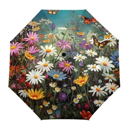 Butterfly Floral Folding Travel Umbrella Color Oil Painting Flowers Umbrellas Windproof Lightweight Parasol Umbrella Sun & Rain