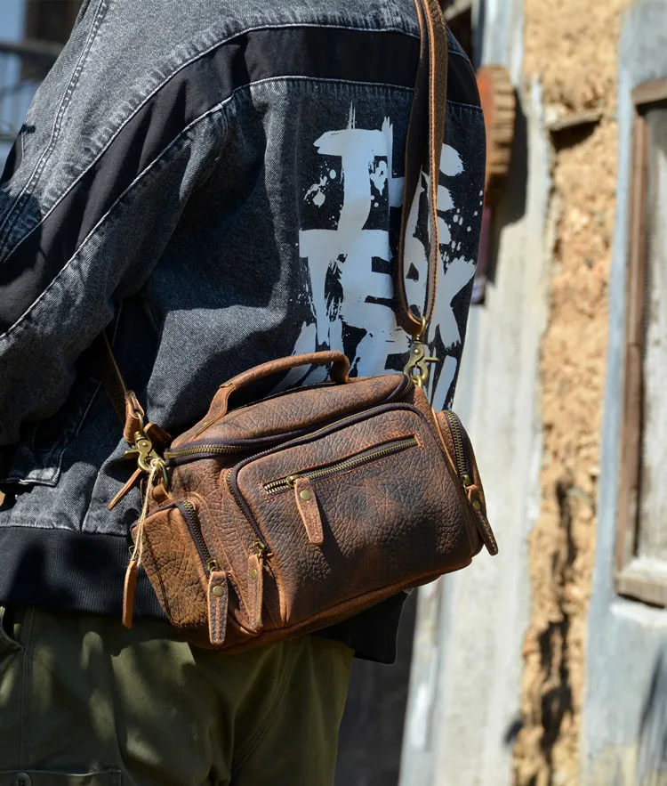 PNDME vintage handmade crazy horse cowhide men's shoulder bag outdoor casual luxury natural genuine leather small crossbody bag