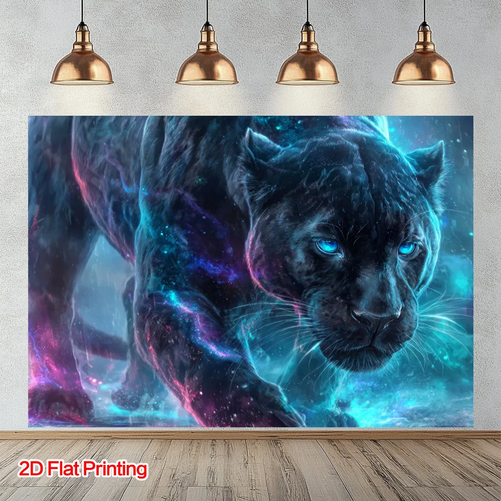 1pc Galaxy Nebula Black Panther Blue Eyes 2D Flat Tapestry Backdrop For Gamer Room Decor Cosmic Animal Wall Hanging Art Print