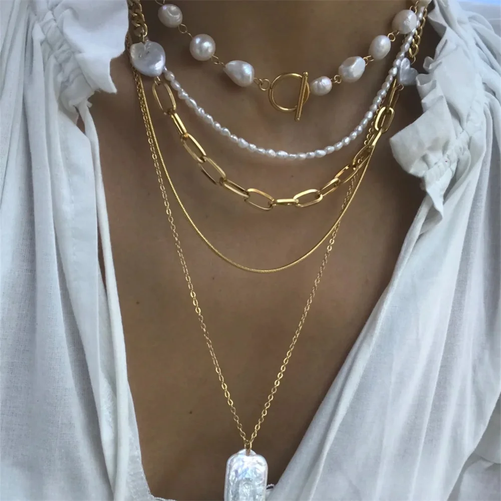 Bohemian Multilayer Irregular Pearls Multi-Level Golden Chain Necklaces Vintage For Women Necklace Fashion Wedding Jewelry Gift