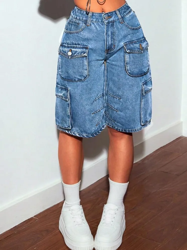 Women Denim Short Pants Straight Midi Casual Multi Pockets Knee Length Vintage Washed Cargo Feminino Jean Shorts 2025 New Summer