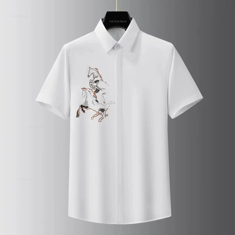 

2026 High-end Fashionable Simple Shirt - Front Pegasus Print Men's Trendy Light Luxury Summer Slim-fitting Shirt