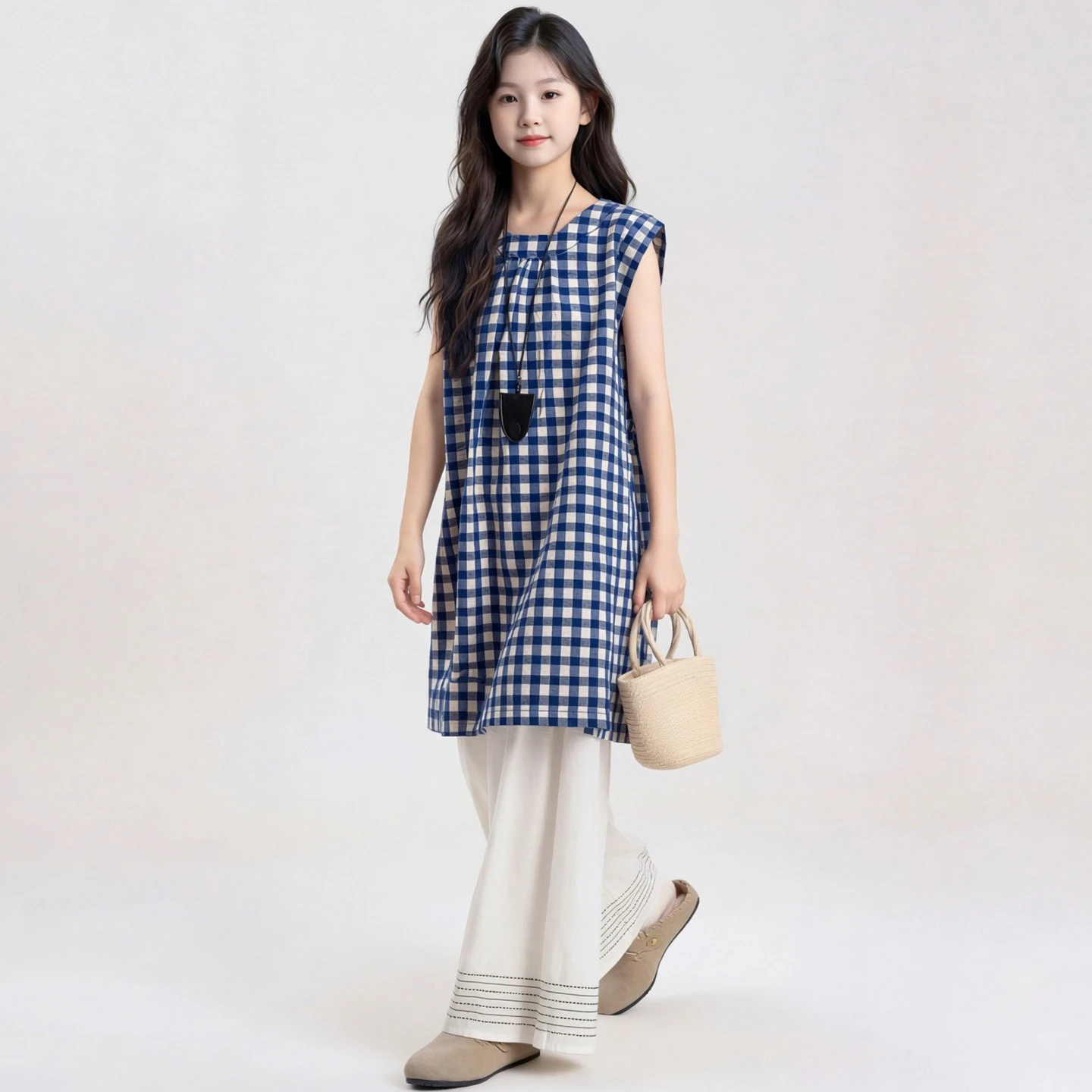 Girls' 2026 new style girl, middle-aged, and big girl with cute blue plaid sleeveless skirt and white striped printed wide legs
