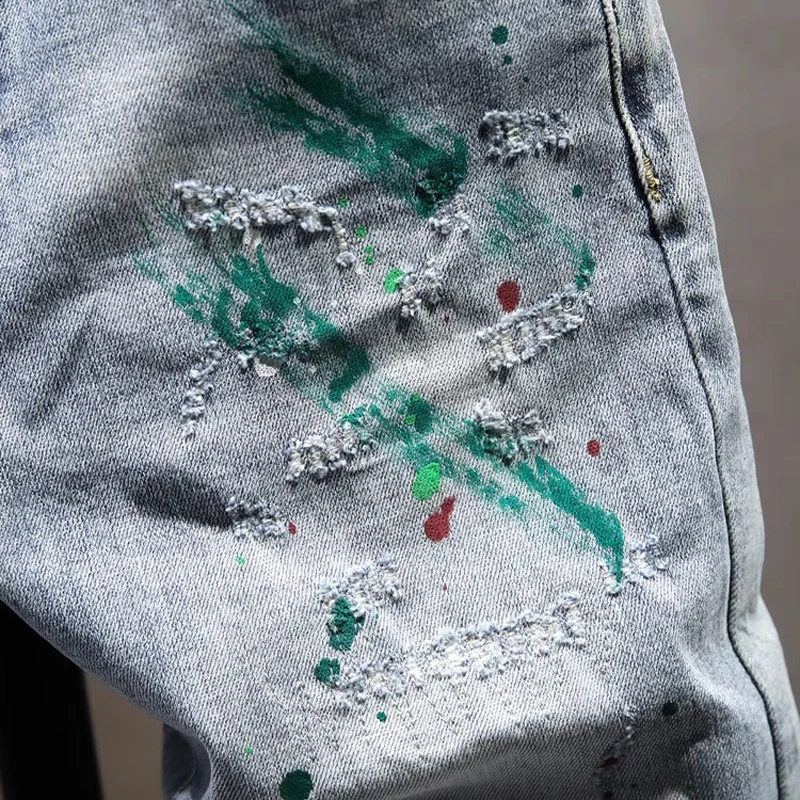 Street Designer Fashion Men Jeans Retro Washed Blue Stretch Slim Fit Painted Ripped Jeans Men Y2K Hip Hop Vintage Denim Pants