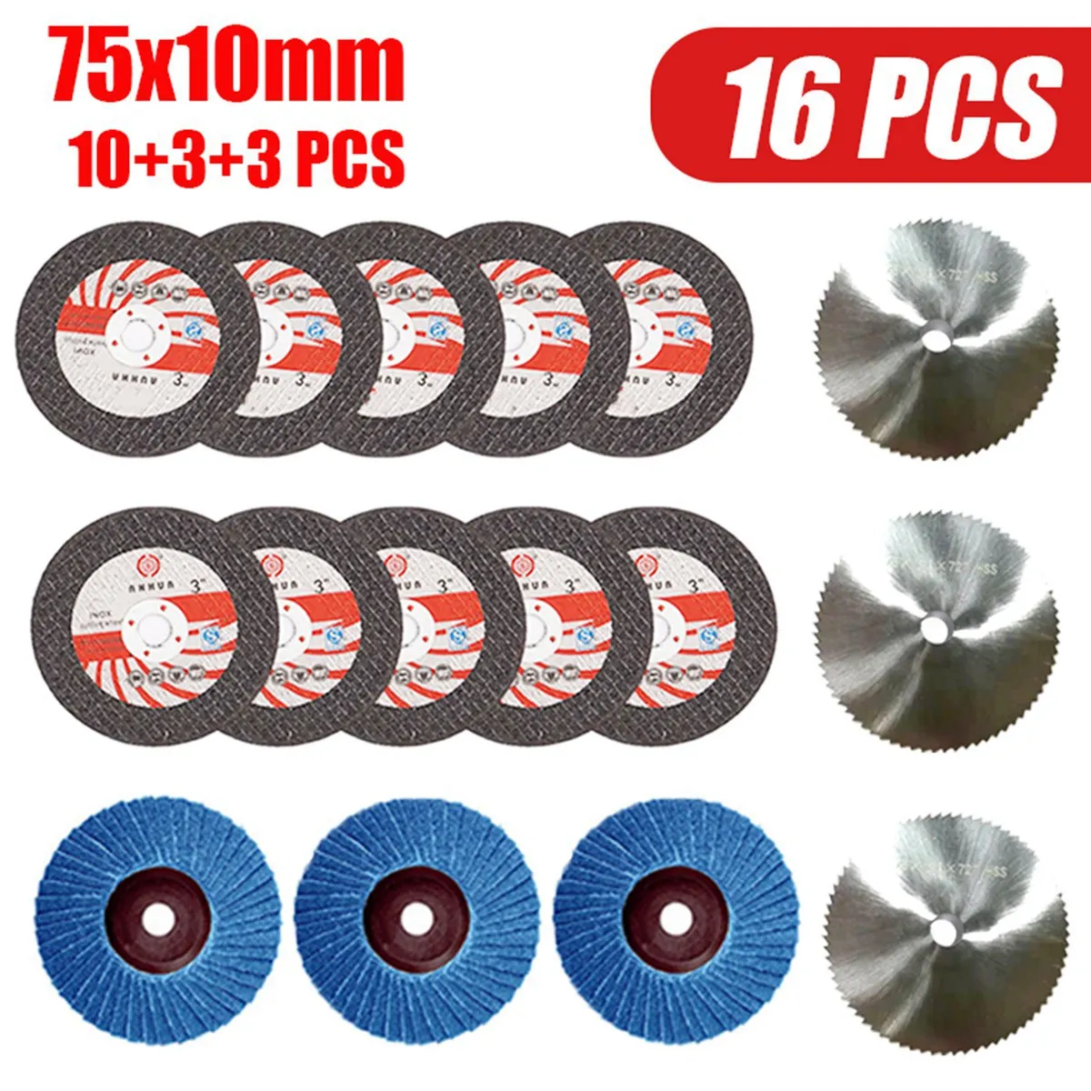 16Pcs 75X10Mm Angle Grinding Wheel Set Wood Metal Cutting Disc HSS Carbide Polishing Sheet for 12V Mini Angle Grinder