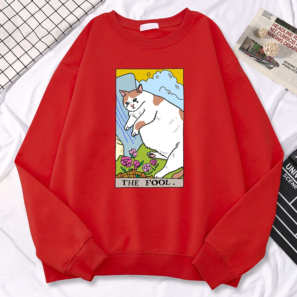 Autumn Sweatshirts For Women The Fool Sad Cat Meme Printing Hoodies Comfortable All-Math Pullovers Crewneck Loose Female Clothes