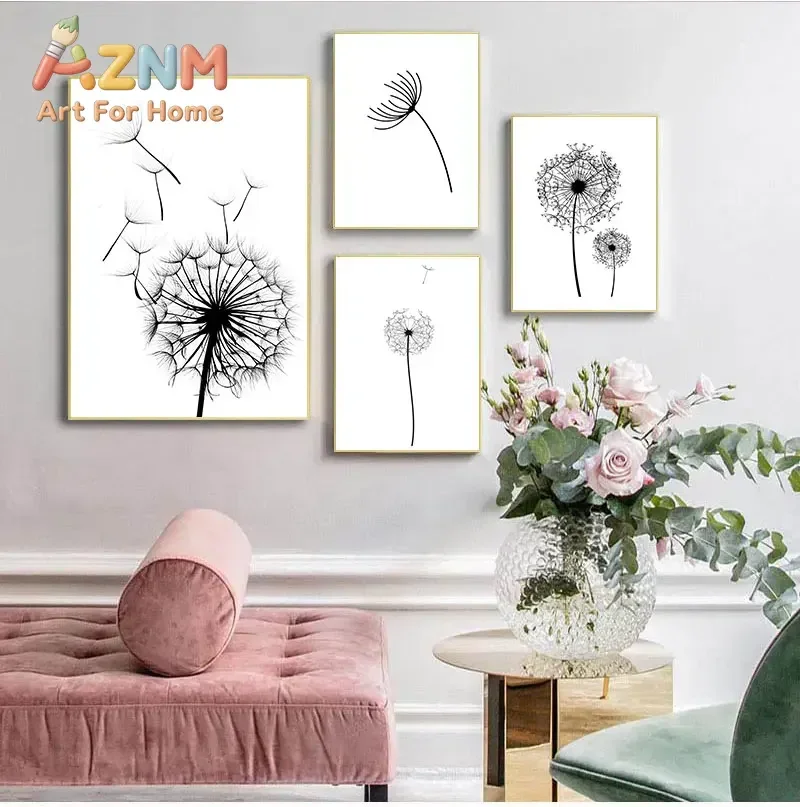 2026 Nordic Dandelion Flower s and prints living room scandinavian black and white wall art canvas abstract painting picture