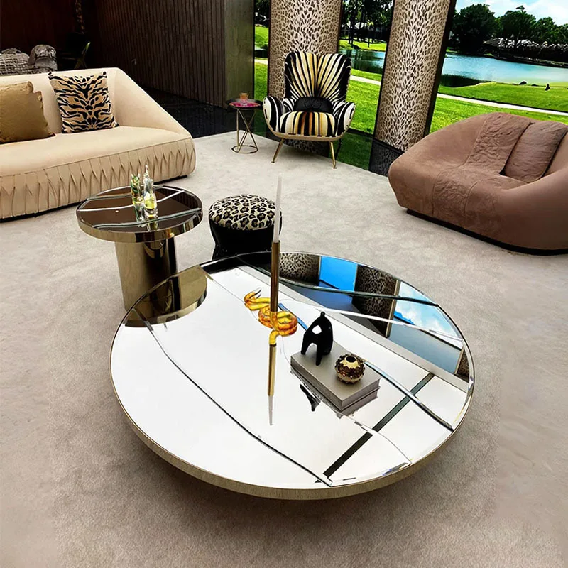 

Italian stainless steel coffee table light luxury high-end living room home mirror tea table modern creative custom round edge