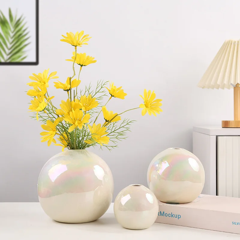 Beautiful Colored Pearl White Spherical CeramicVase Home Decoration Flower Arrangement Artificial Vase Room Aesthetic Decoration