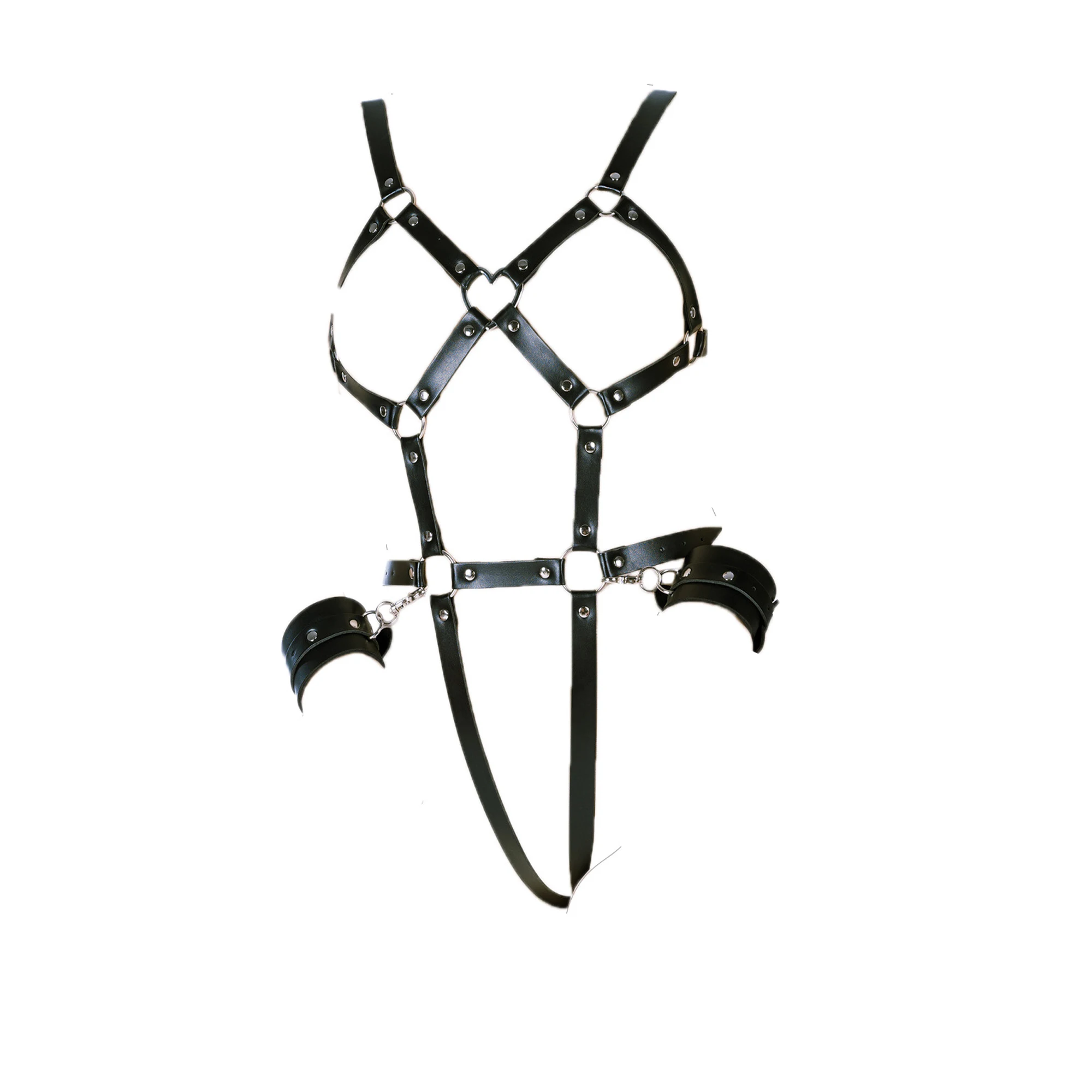 Leather Body Harness With Detachable Handcuff for Women Fetish Slave Bdsm Bondage Restraint Sex Toy,Exposed Breast Chastity Belt