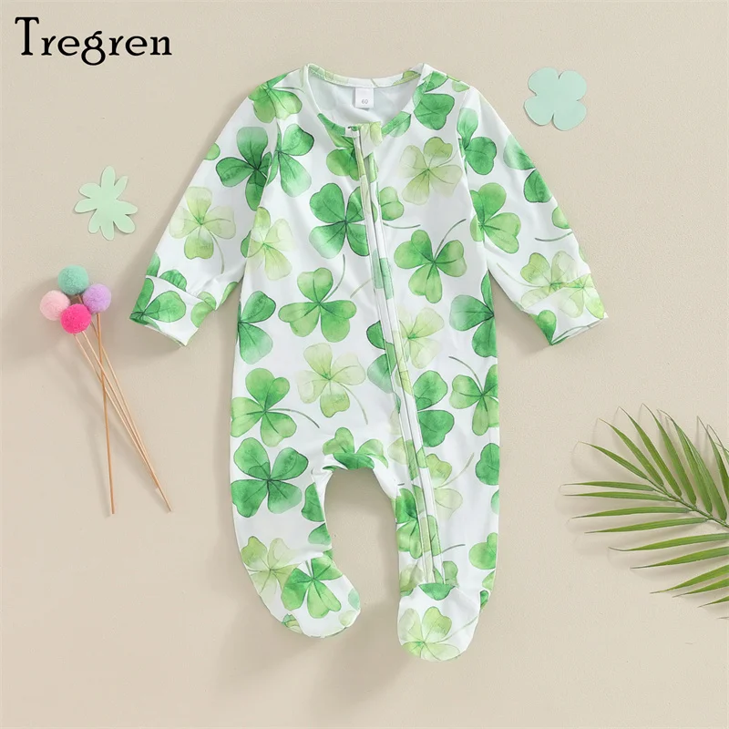 

Tregren 0-6M Newborn Baby Boys Girls Footies Rompers Four Leaf Clover Print Crew Neck Long Sleeve Infant Spring Jumpsuits