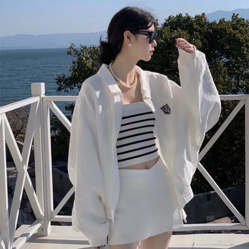 New White Versatile Coat for Women Korean Style Loose Spring Autumn and Summer Thin Casual Cardigan Jacket