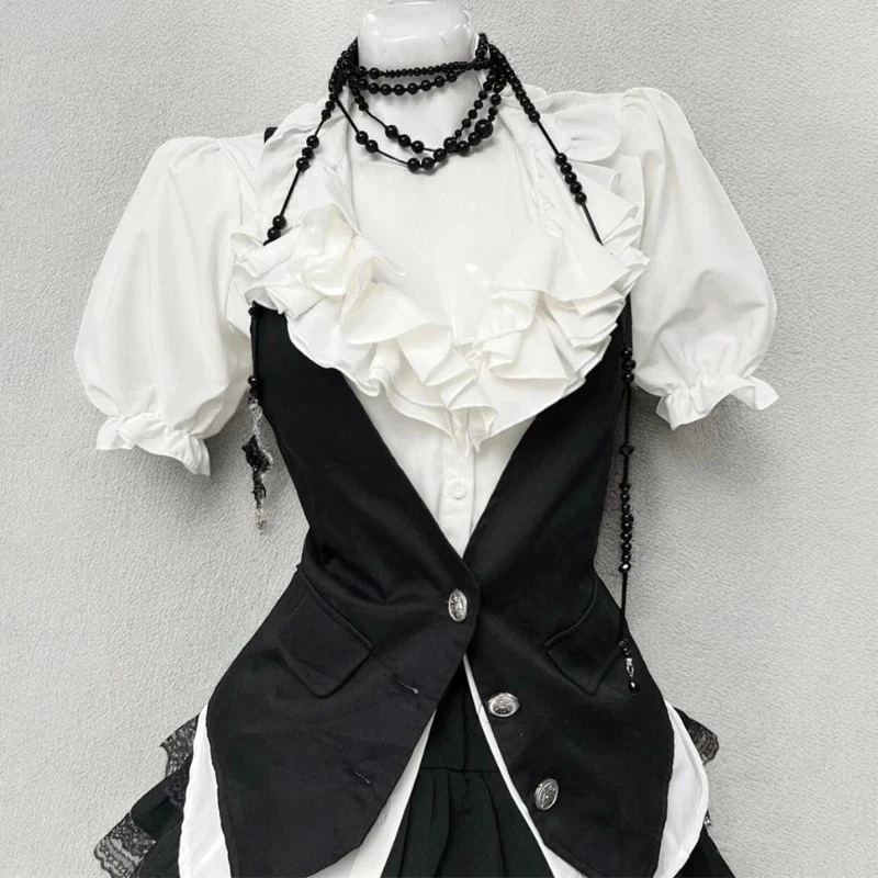 Gothic Retro Elegant Woman 3 Piece Sets Preppy Style Black Vest +Chic Blouse +High Waist Skirt Female Chic Korea Fashion Outfits