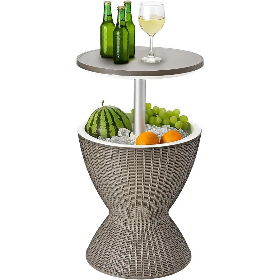 

3in1 Resin Ice Bucket and Beverage Cooler Wood Look Patio Table UV Protection and Drain Plug for Outdoor Parties Bars and Pools