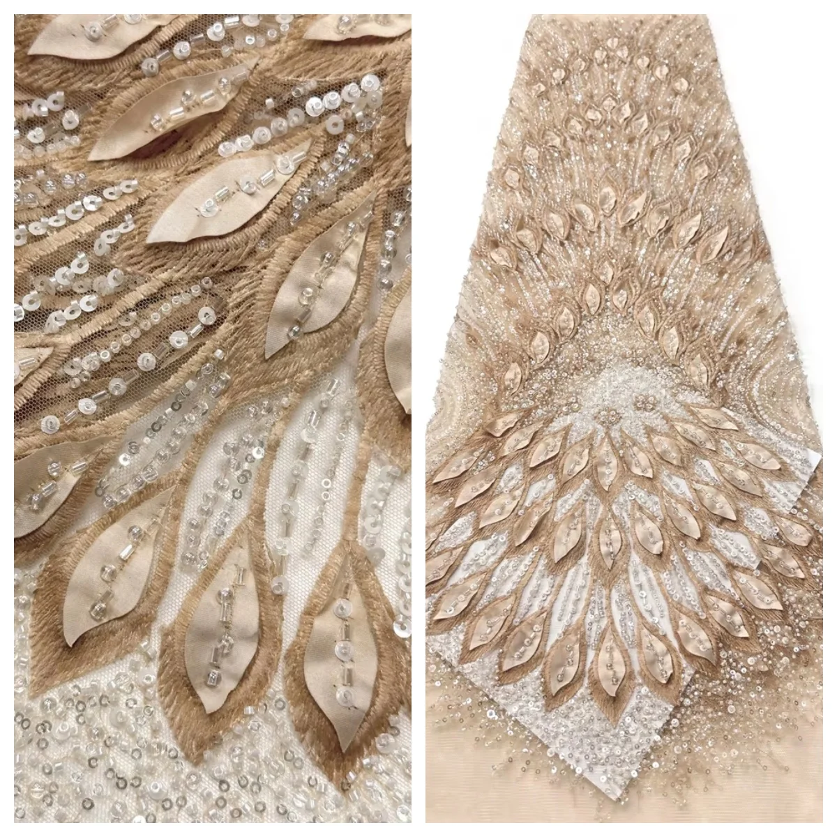 3D African Beaded Lace Fabric New Design French Sequin Lace Fabric Nigerian Embroidered Fabric Wedding Gown & Evening Dress