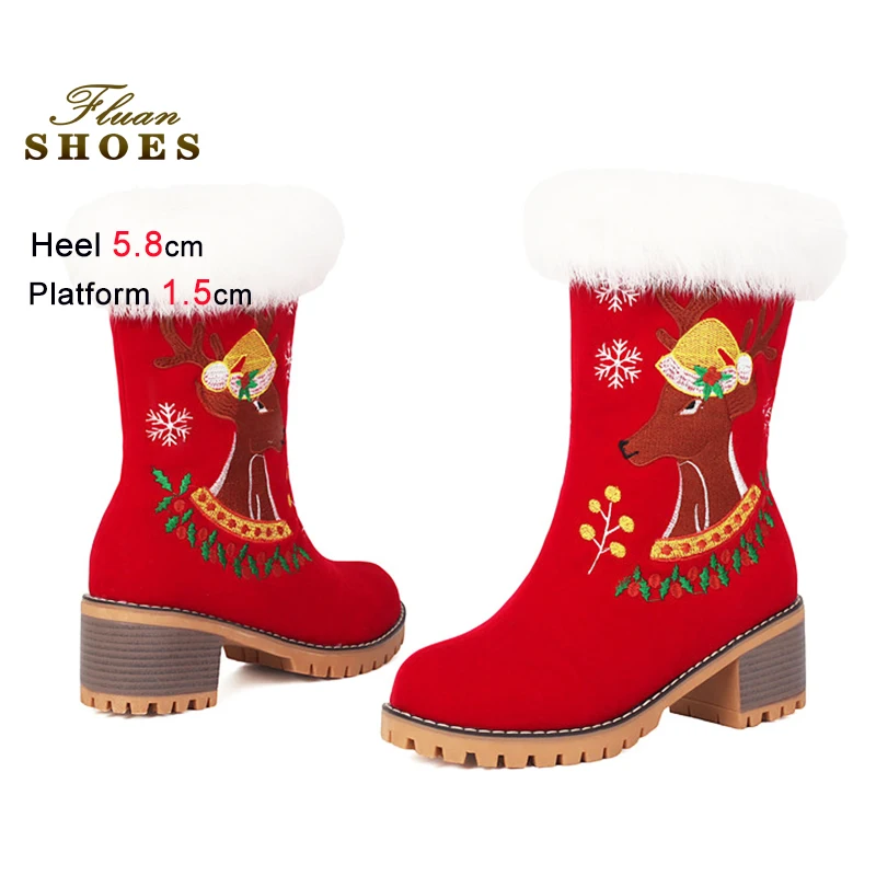 

Platform Women Boots 5.8CM High Heel Suede Snow Mid-calf Boots Woman Slip On Warm Embroider Christmas Xmas Gift Winter Red Shoes