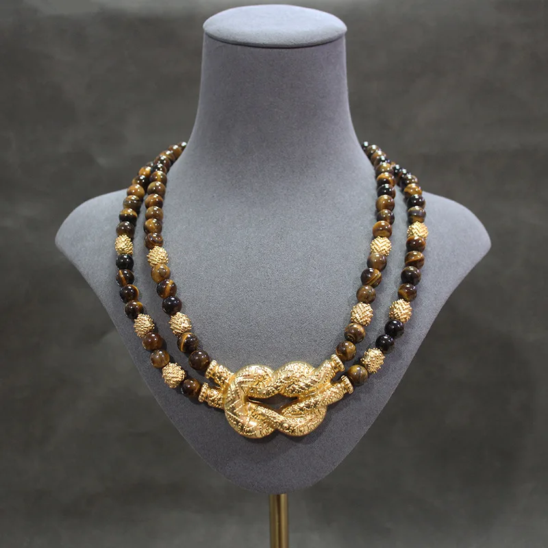 Vintage Niche Natural Tiger's Eye Necklace Elaborate Beading Chain Jewelry Clothing Accessories Birthday Gifts for Women