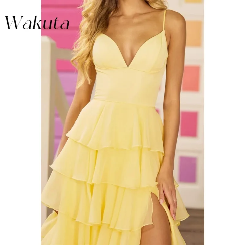 Wakuta Sexy V-neck Off Shoulder Chiffon Party Dresses High Waisted Ruffled Edges Tiered A-line Back To School Vestidos De Fiesta