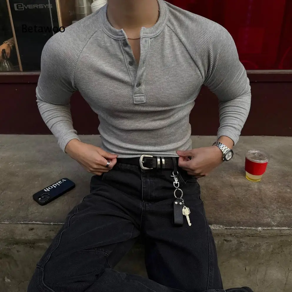Mens Old Money Henley Collar Long Sleeve T Shirt Autumn Slim Fit Undershirt Korean Style Muscle Hugging Top For Gentle Daily Ma