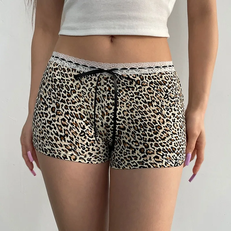 IAMSURE Sexy Slim Leopard Printed Lace Trim Shorts Casual Bandage Low-Waisted Shorts Women 2024 Summer Fashion Streetwear Ladies