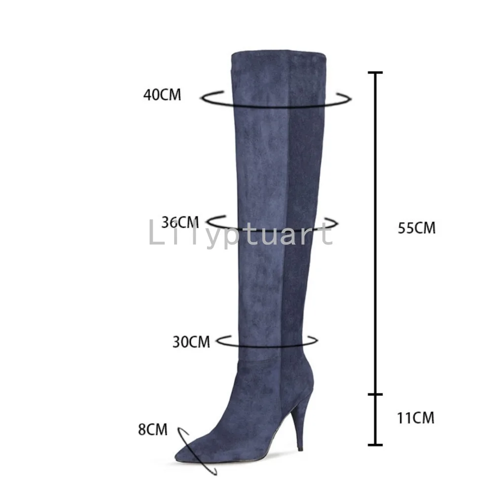 Women's Blue Suede Slouchy Knee High Boots Pointed Toe Stiletto Heel Party Evening Long Boots for Club Night