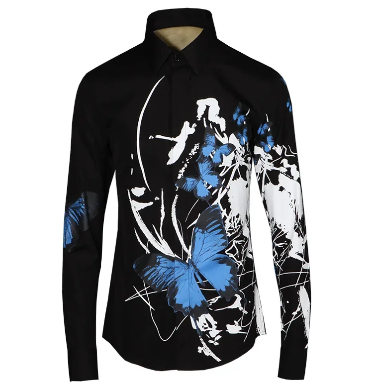 

Luxury Ink Butterfly Printed Shirt for Men Long Sleeve Cotton Casual Shirts Slim Social Party Banquet Blouse Men Clothing M-4XL