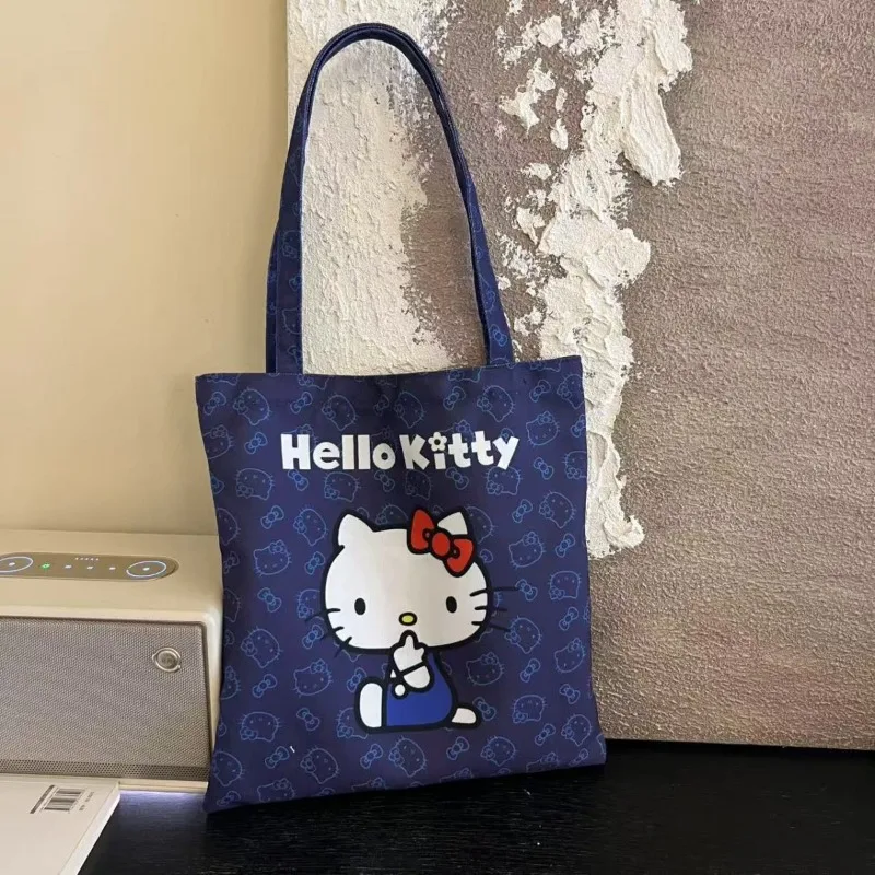 

New Hello Kitty Portable Denim Blue Canvas Shoulder Bag Cute Cartoon KT Cat Large Capacity Versatile Handbag Student Commute Bag