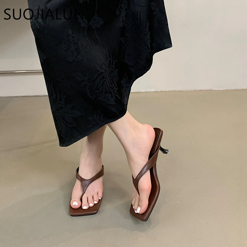 SUOJIALUN 2024 Summer New Women Slipper Fashion Narrow Band Ladies Thin High Heel Outdoor Dress Sandal Elegant Dress Flip Flops